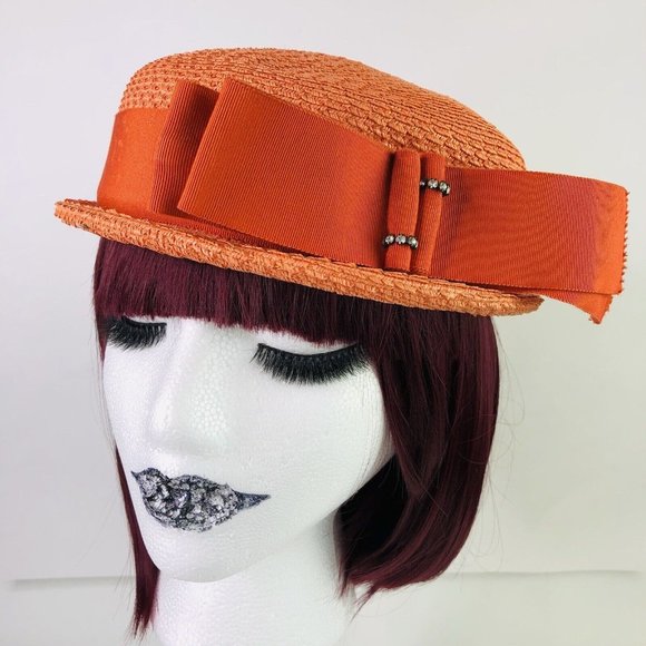 Vintage 1950s Orange Big Bow Strap Cap Pillbox Fascinator Hat Headwear Costume main image 4